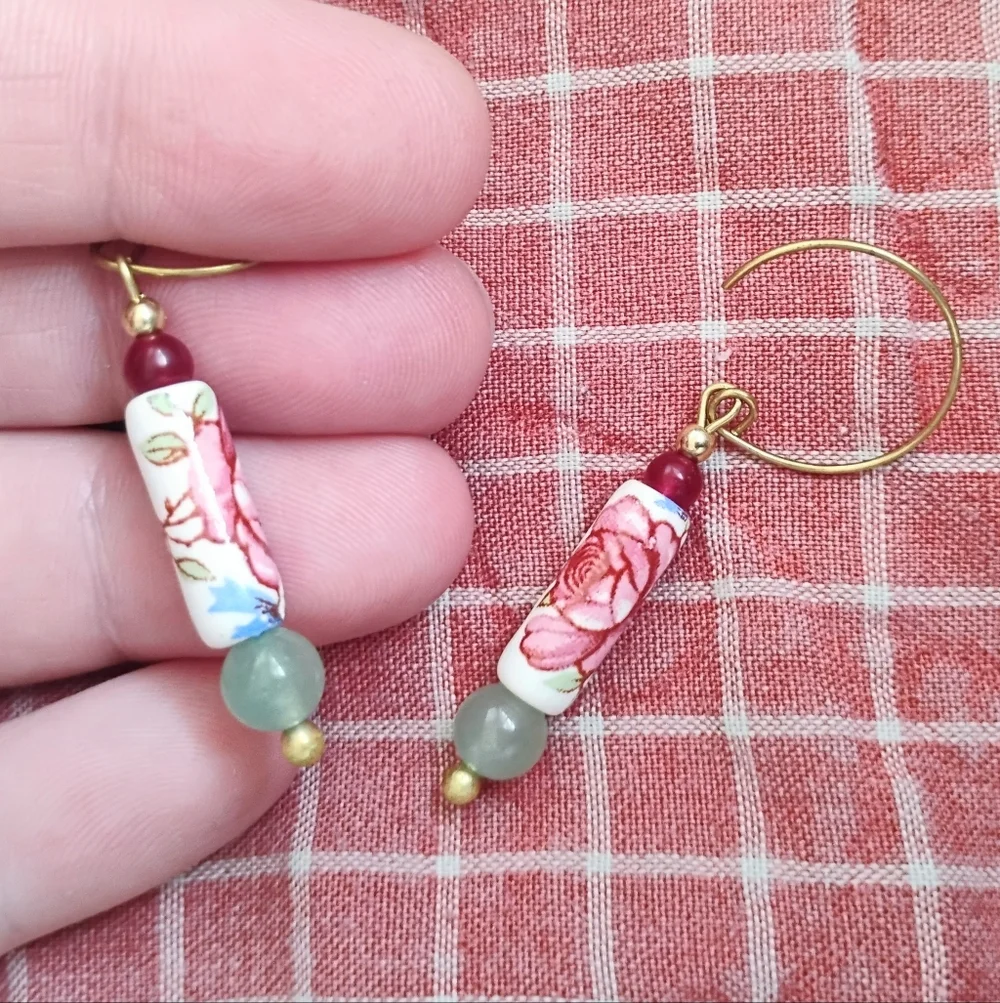 SOLD Handmade Dainty Rose Earrings With Stone Accents - Picture 4 of 5
